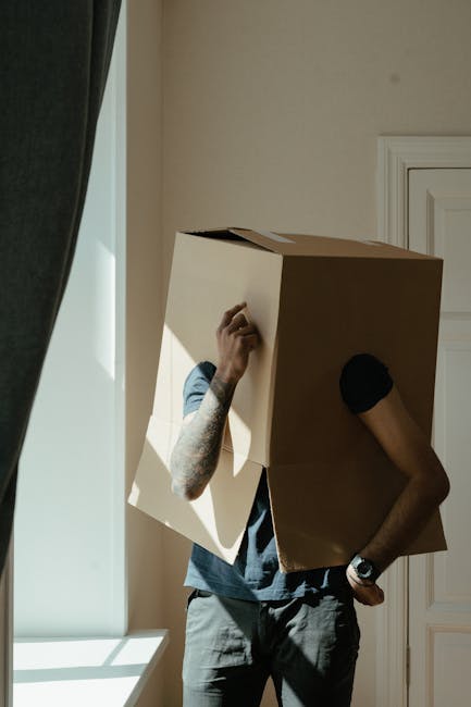 A person with visible arm tattoos and wearing a blue t-shirt and grey trousers is inside a room, holding a cardboard box over their head with one hand for support and walking near a window. The room h
